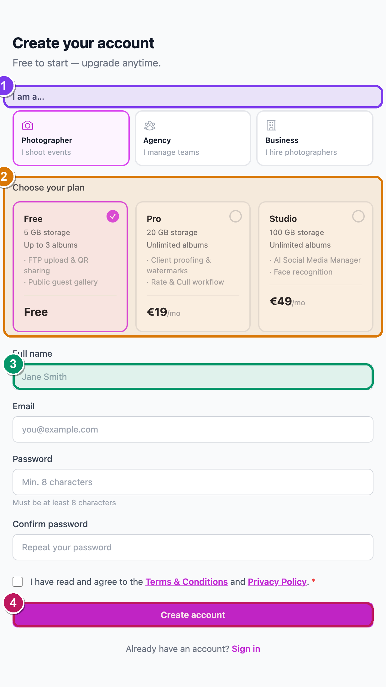 The SnapFlow account creation page