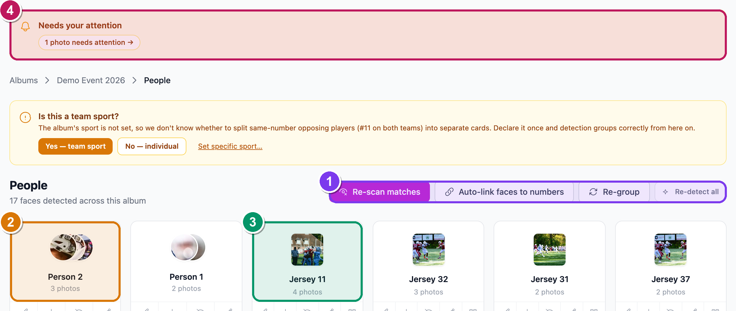 The per-album People page with detected face clusters and the header action row
