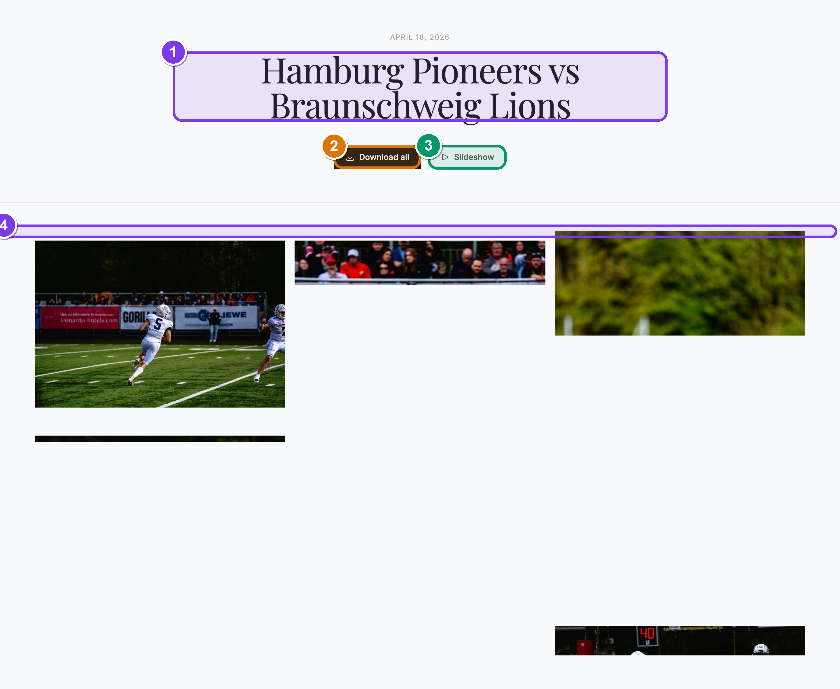 A public event gallery on the Magazine theme — a football match