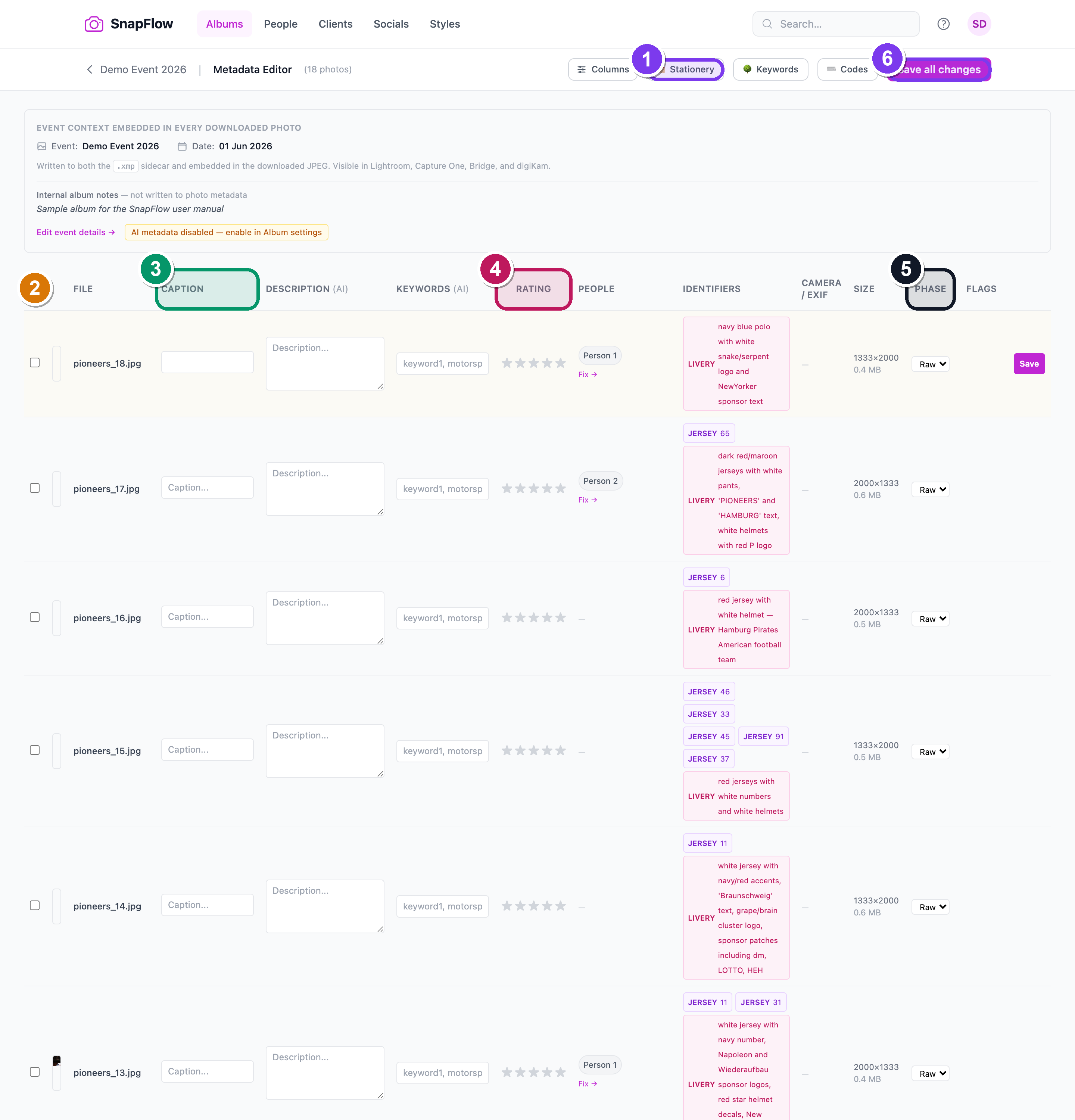 The web Metadata Editor table