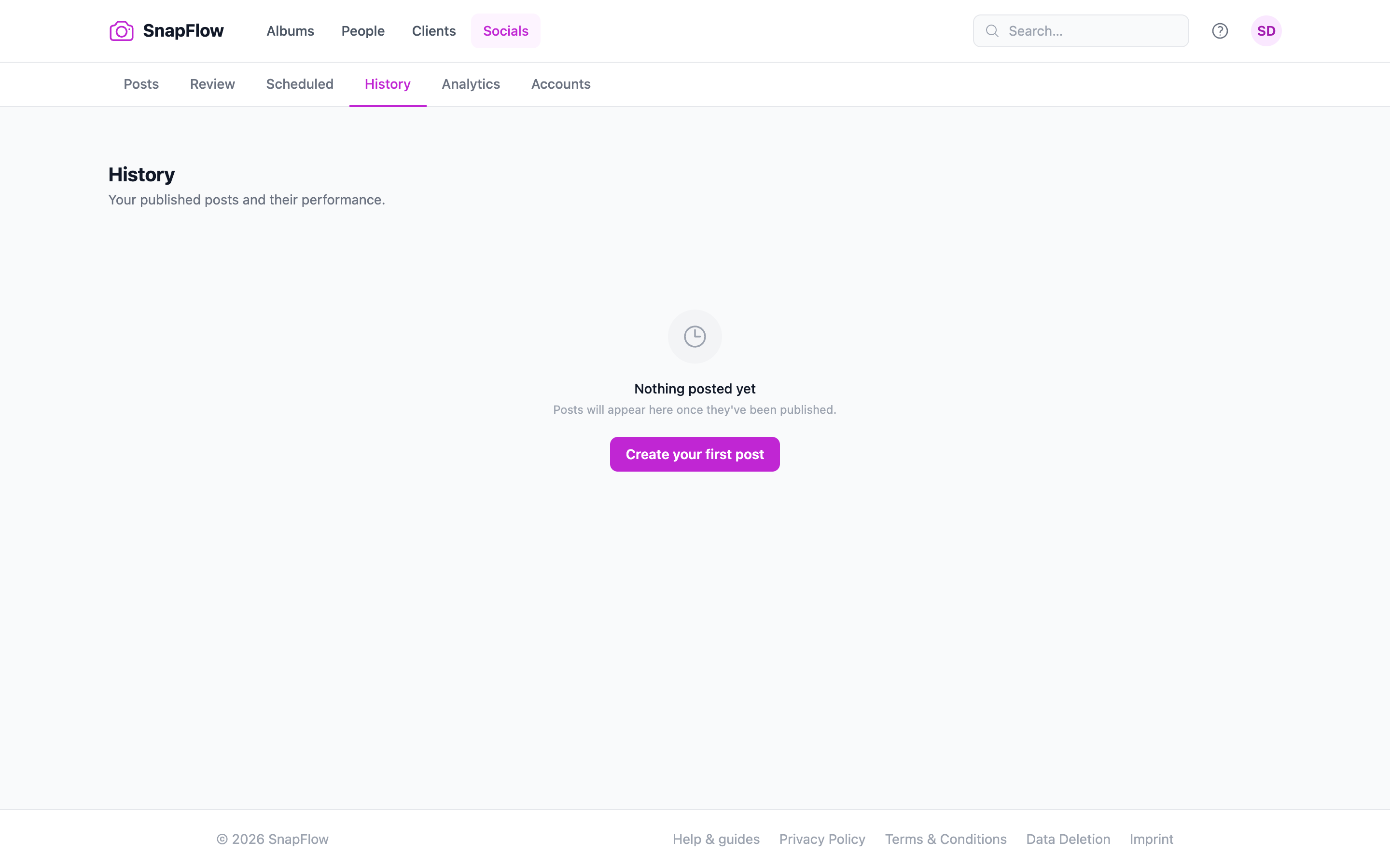 Socials → History — posted and failed posts with analytics