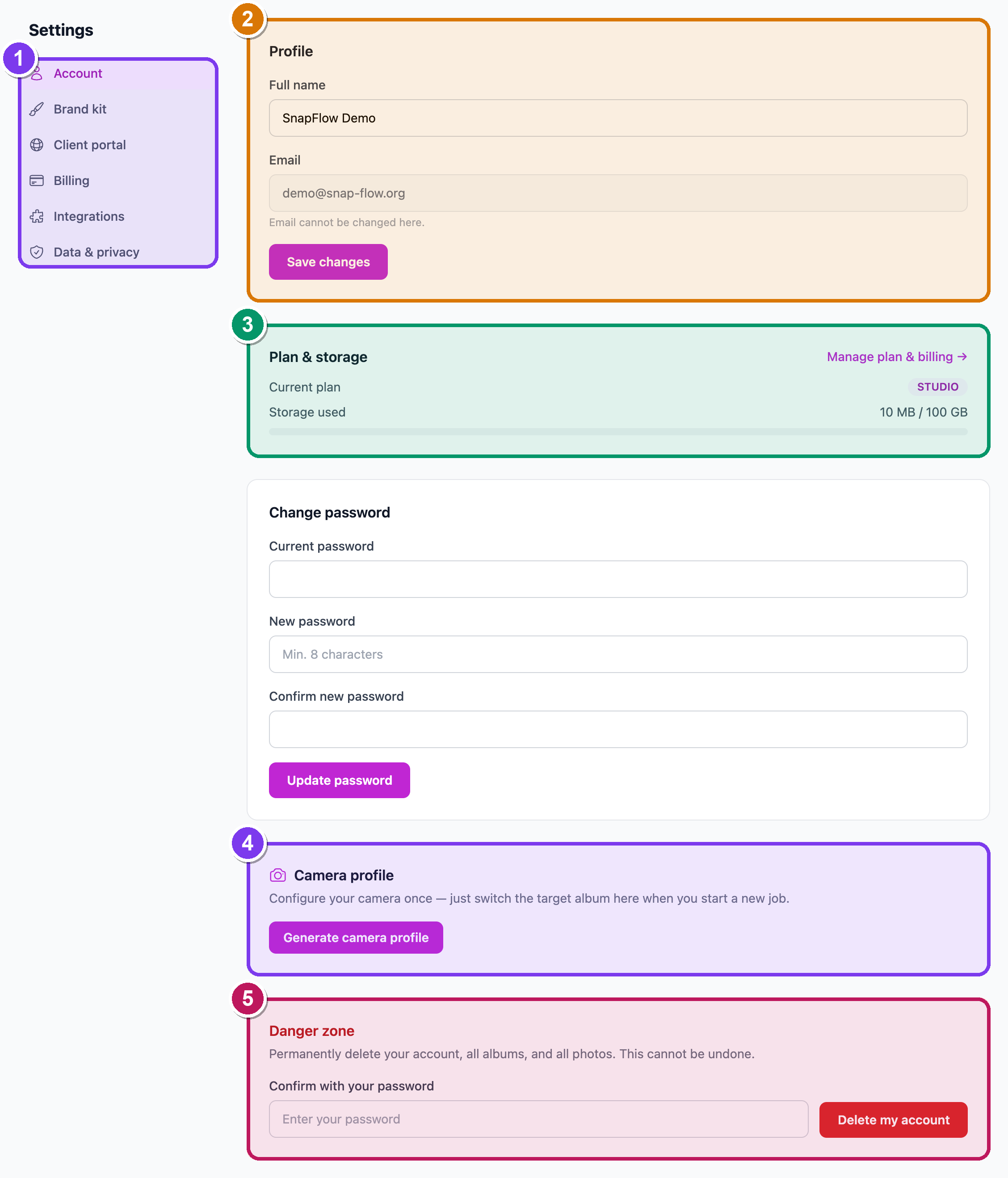 The Account tab of the Settings area, with the six-tab rail on the left
