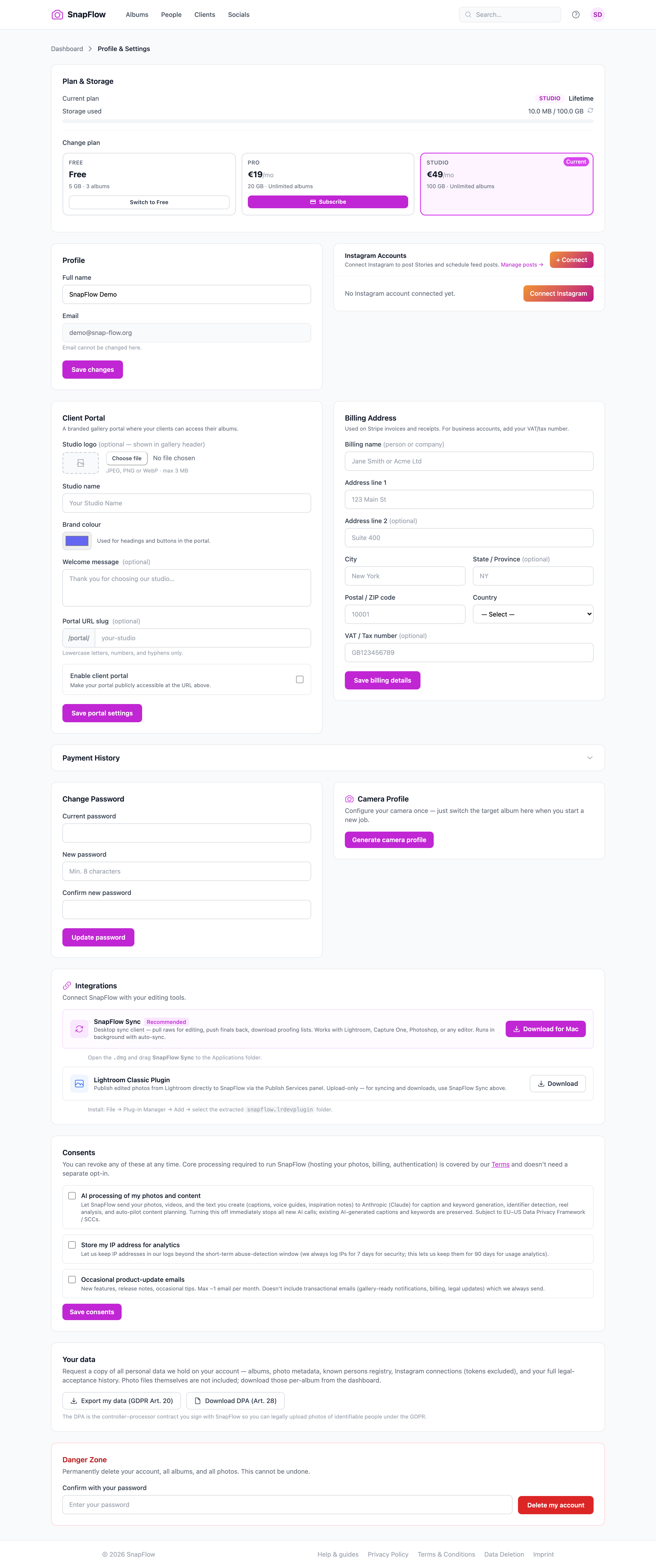 The SnapFlow Sync download card on the web Settings page