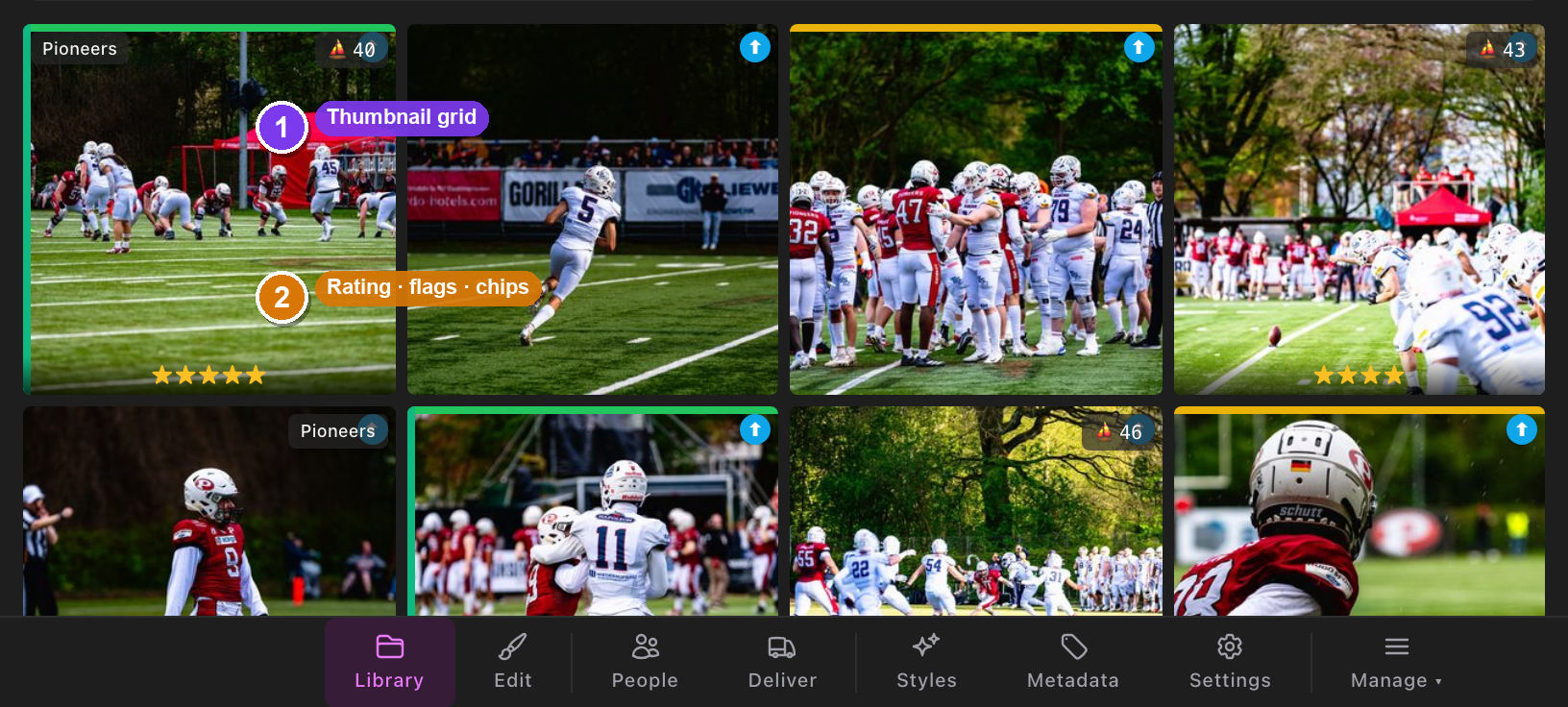 A desktop album grid in the Library stage with several thumbnails selected by their corner check badges