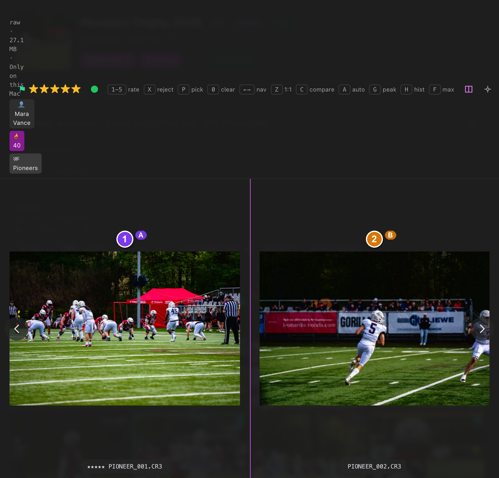Compare mode — two burst frames side by side, the left one marked anchor and the right one the candidate