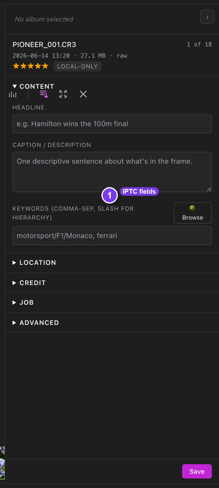 The desktop inspector — a right-hand sidebar with Headline, Caption and Keywords fields plus a Generate button.