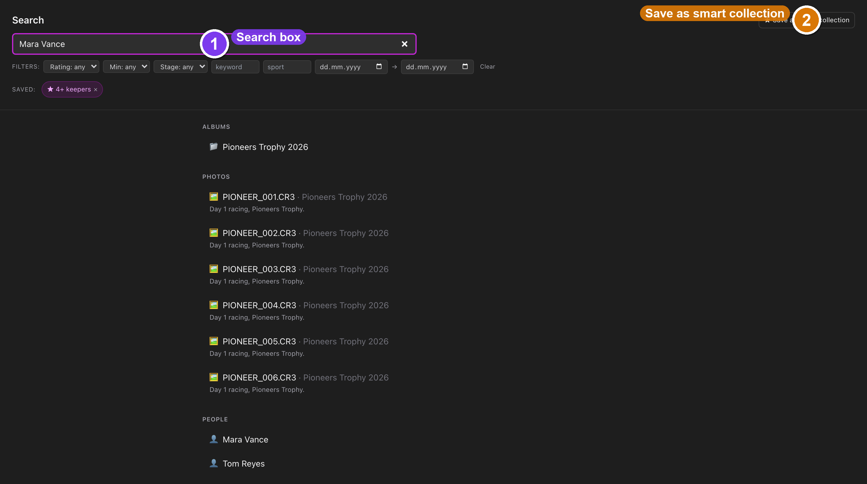 The desktop Search destination with a query typed