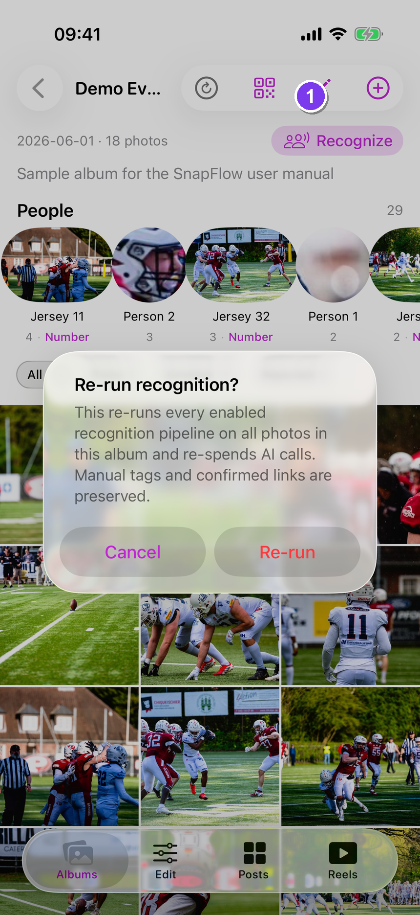 The album header with the Recognize button and the progress strip, plus the AI-consent sheet that appears the first time on an AI album