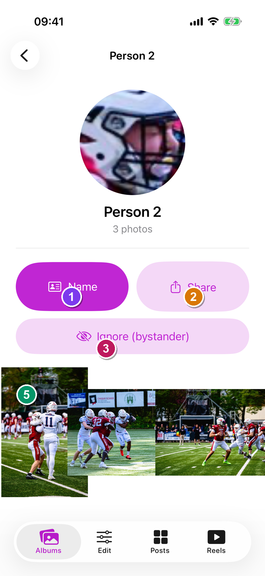 A face cluster detail screen with Name / Change, Share and Ignore buttons above a photo grid