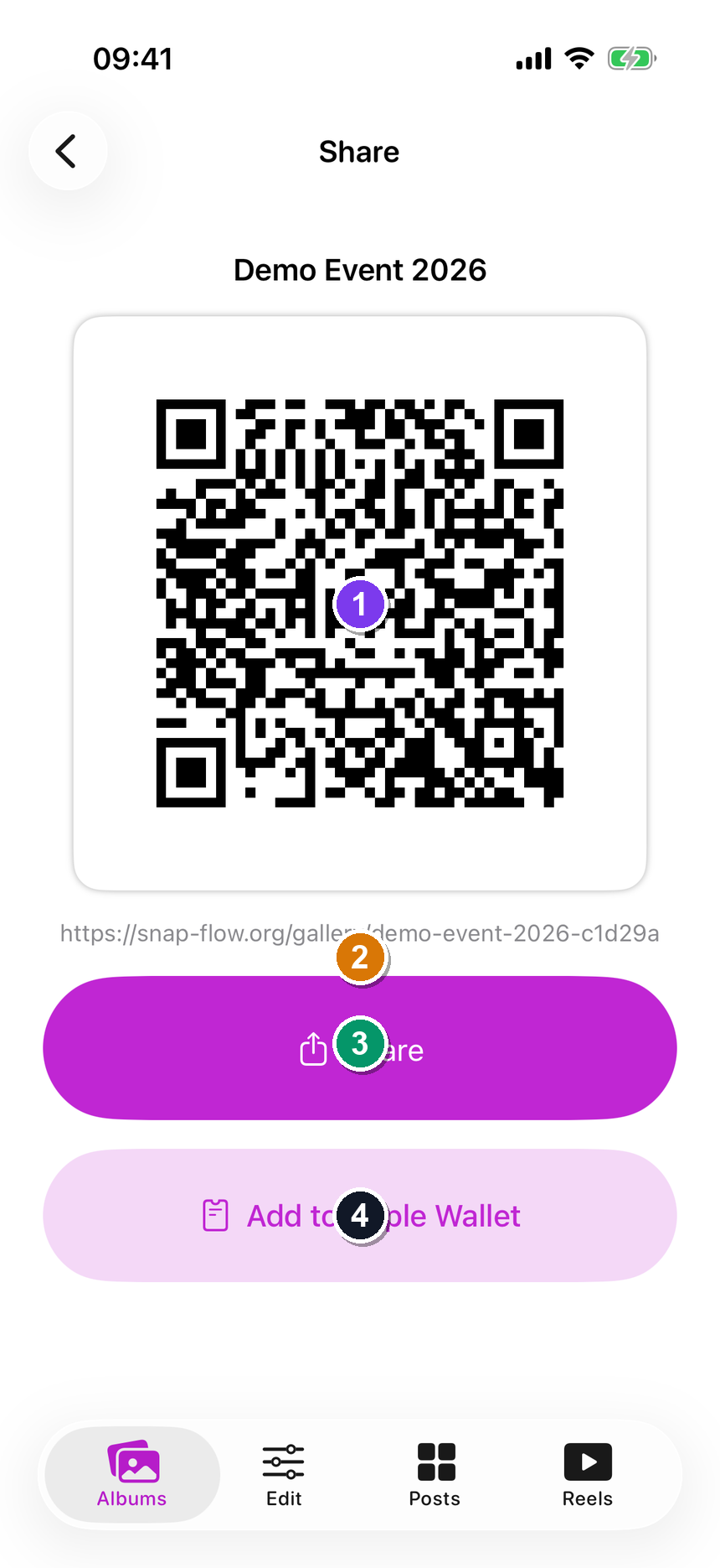 The album Share screen showing a QR code, the gallery link, the Share button, and Add to Apple Wallet
