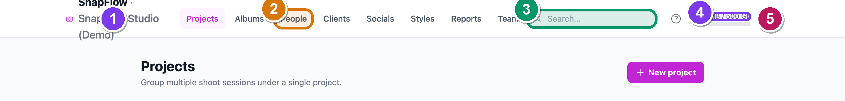 The organization workspace — top nav and Projects