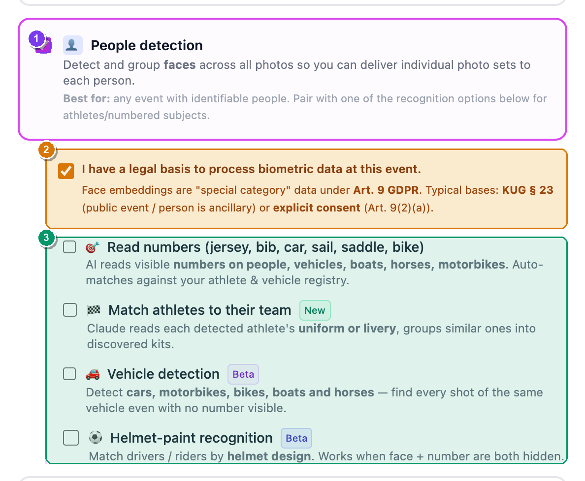 The New event Workflows card with the legal-basis box open