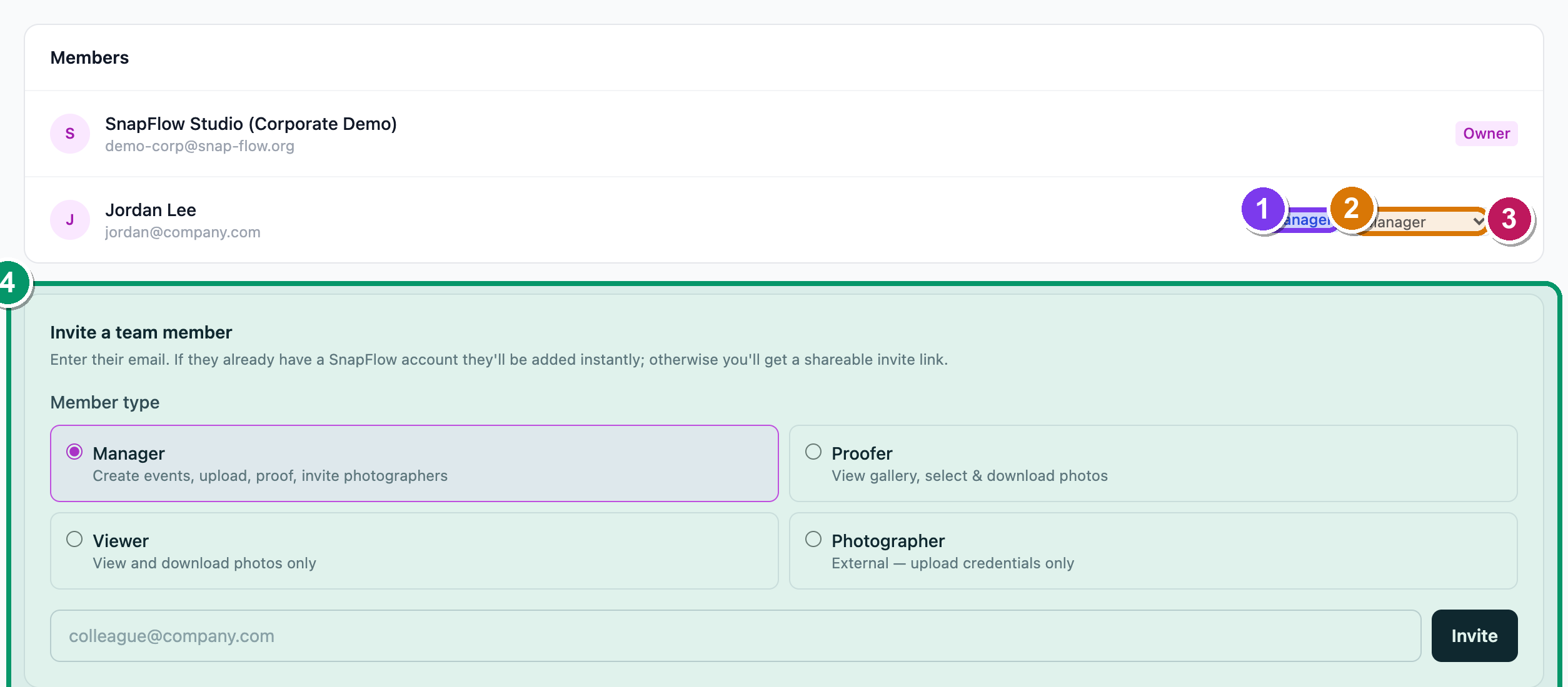 The Team page — the members list and the invite card