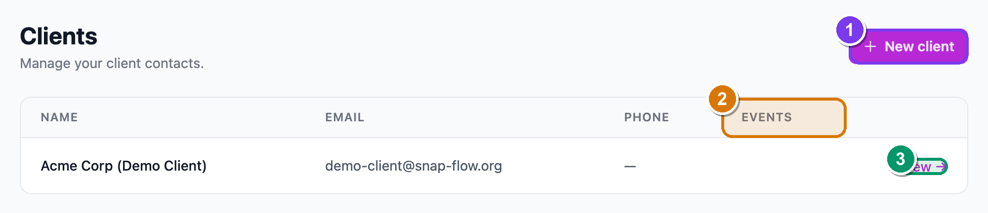The Clients page — a table of client contacts