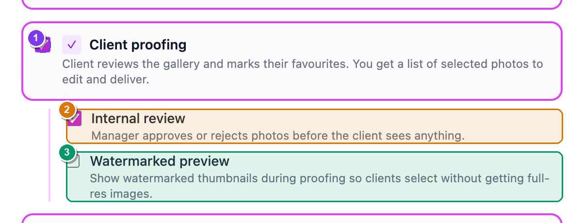 The event Workflows card — Client proofing ticked, revealing the indented Internal review and Watermarked preview options
