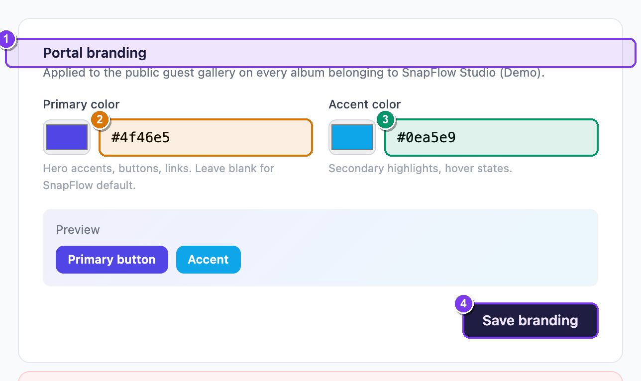 Account settings showing the Portal branding colour pickers and the White-label card