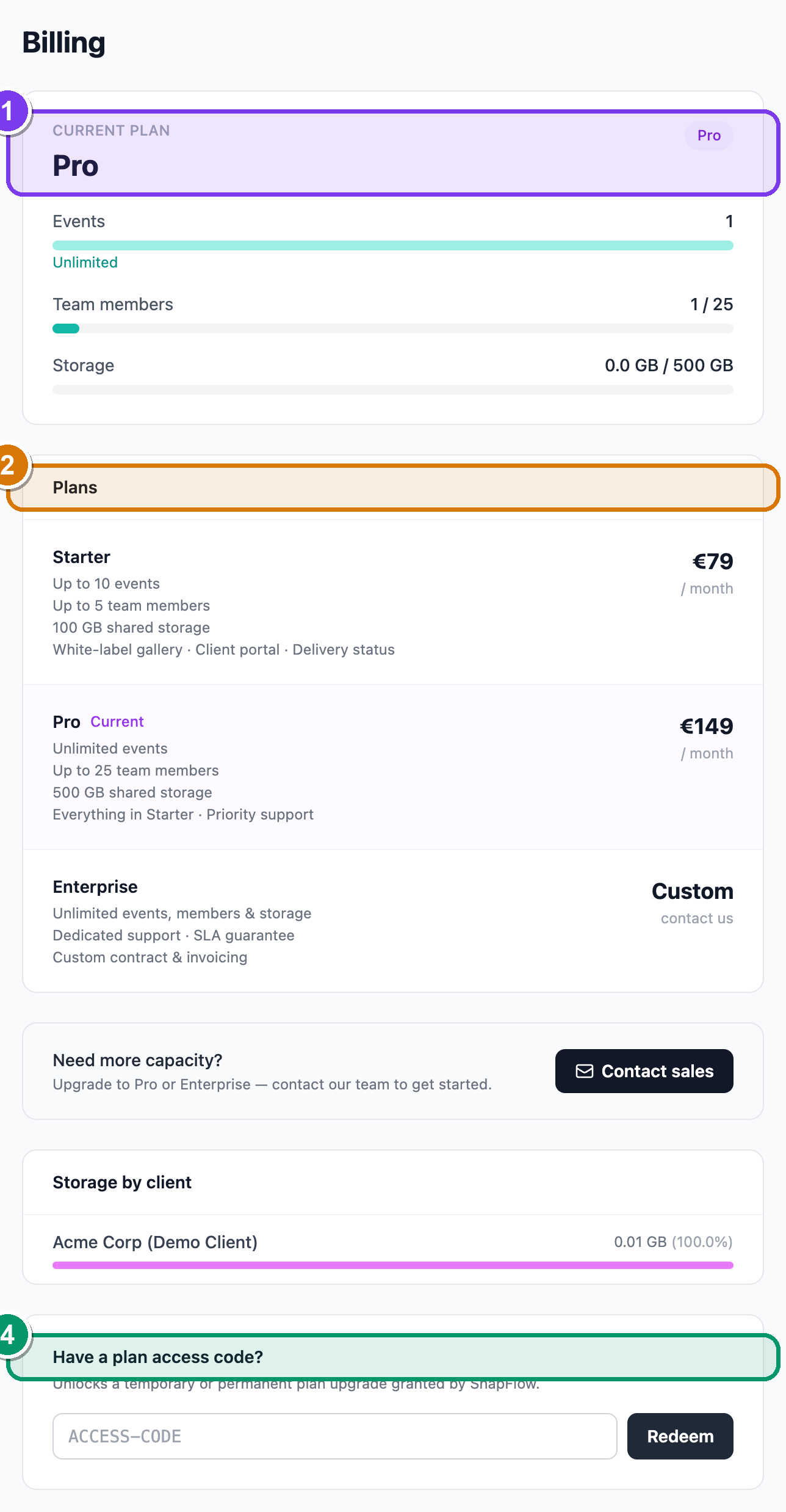 The org Billing page — current plan, usage gauges and the plan comparison cards