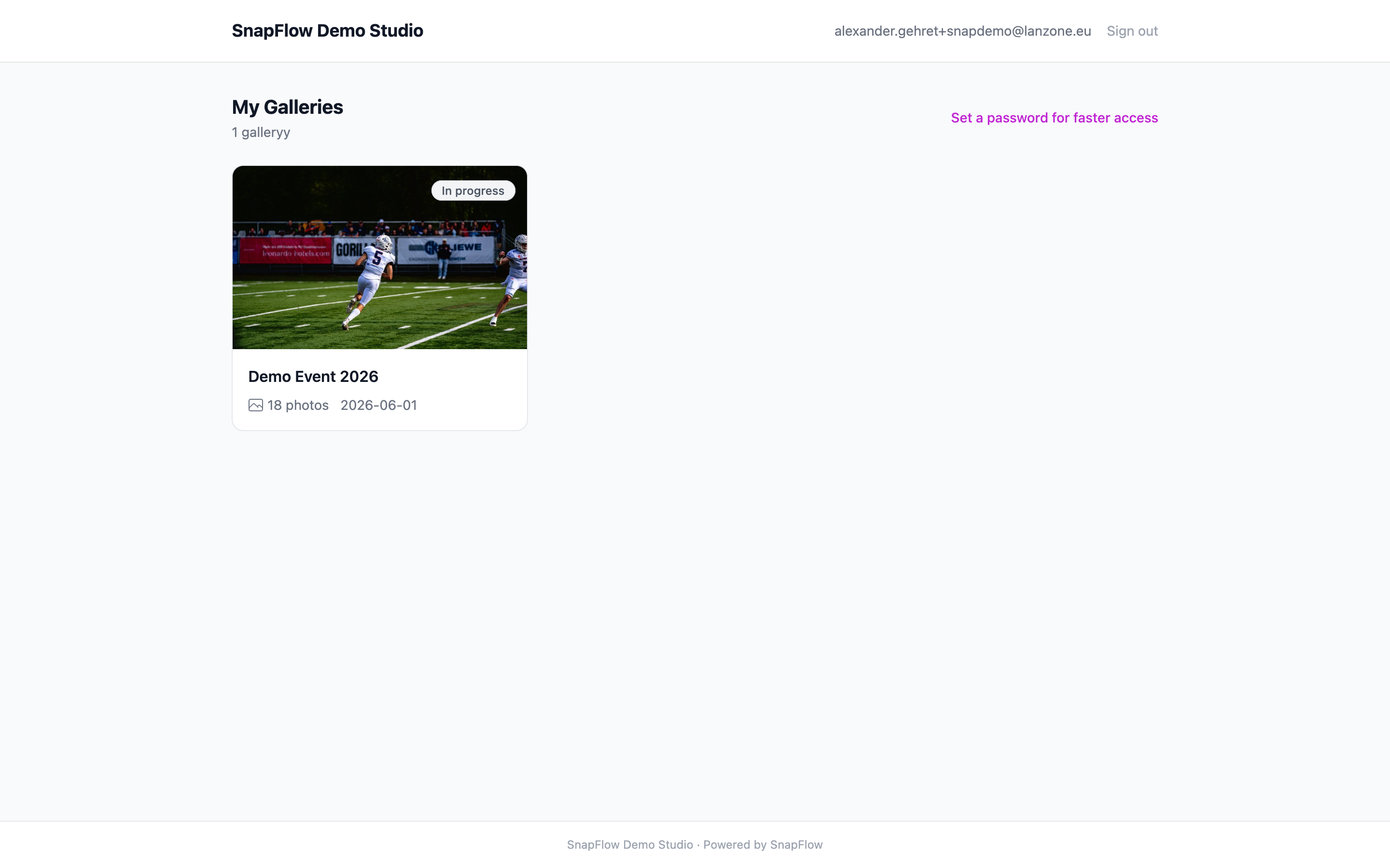 The portal home page, titled My Galleries, showing three album cards with cover photos and coloured status badges
