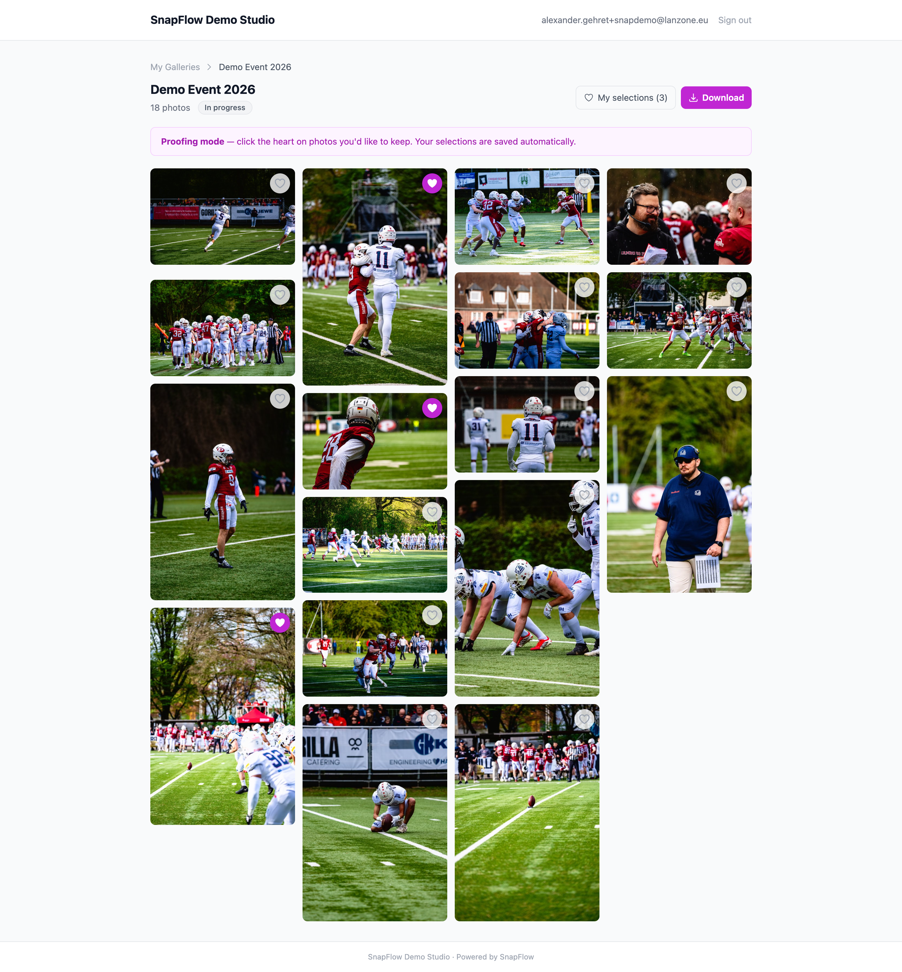 A proofing gallery in the client portal: photo grid with heart buttons, two photos hearted, the Proofing-mode banner above, and the My selections link top-right
