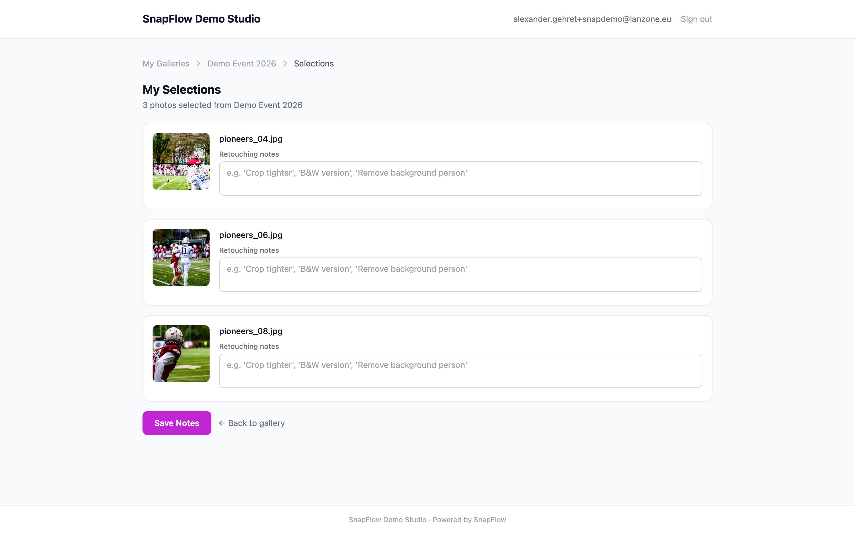 The My Selections page: each picked photo shown as a row with its thumbnail, filename, a Retouching notes box, and the Save Notes button at the bottom